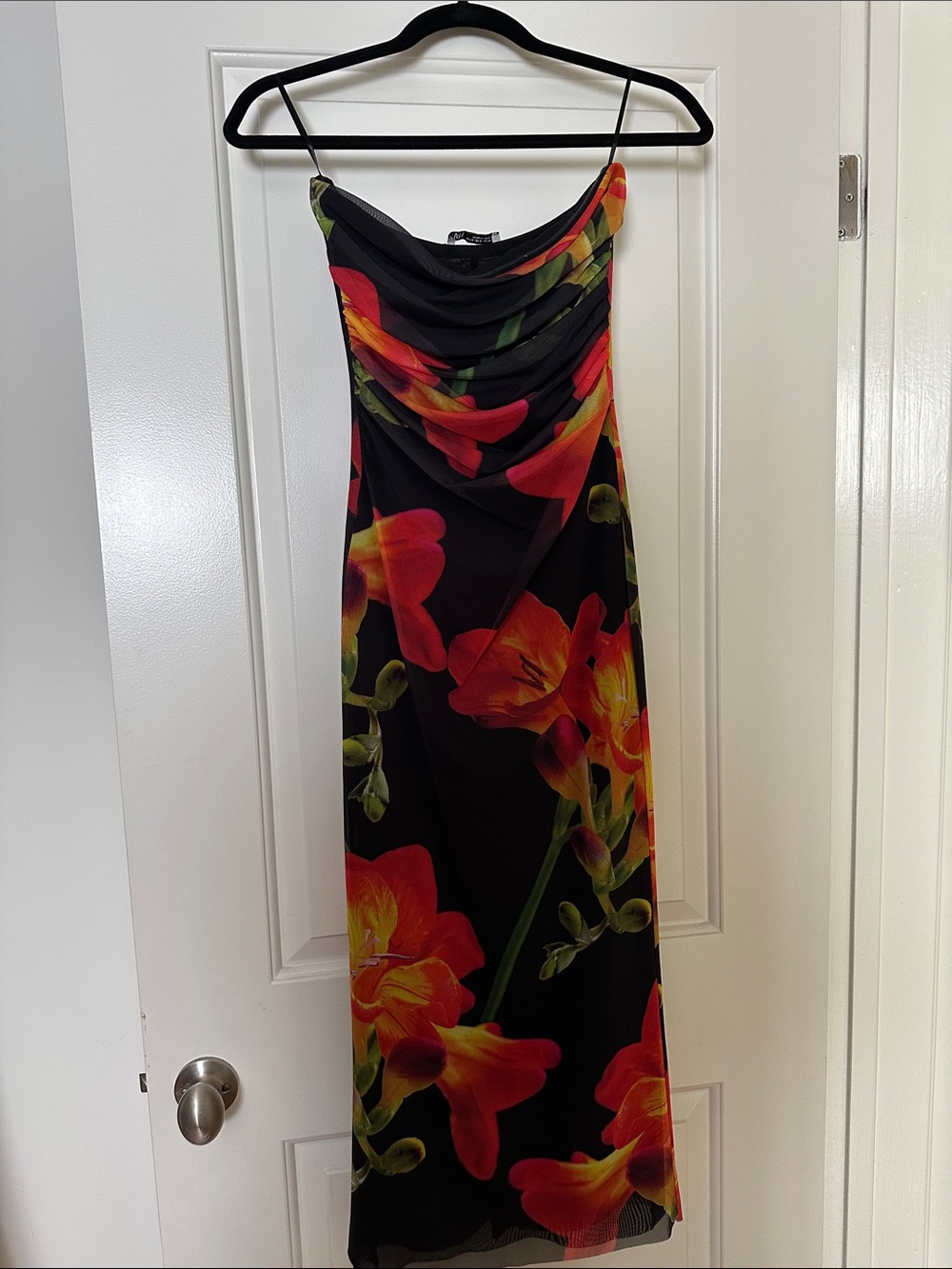 Zara Black Maxi Dress with Red & Orange Floral Print